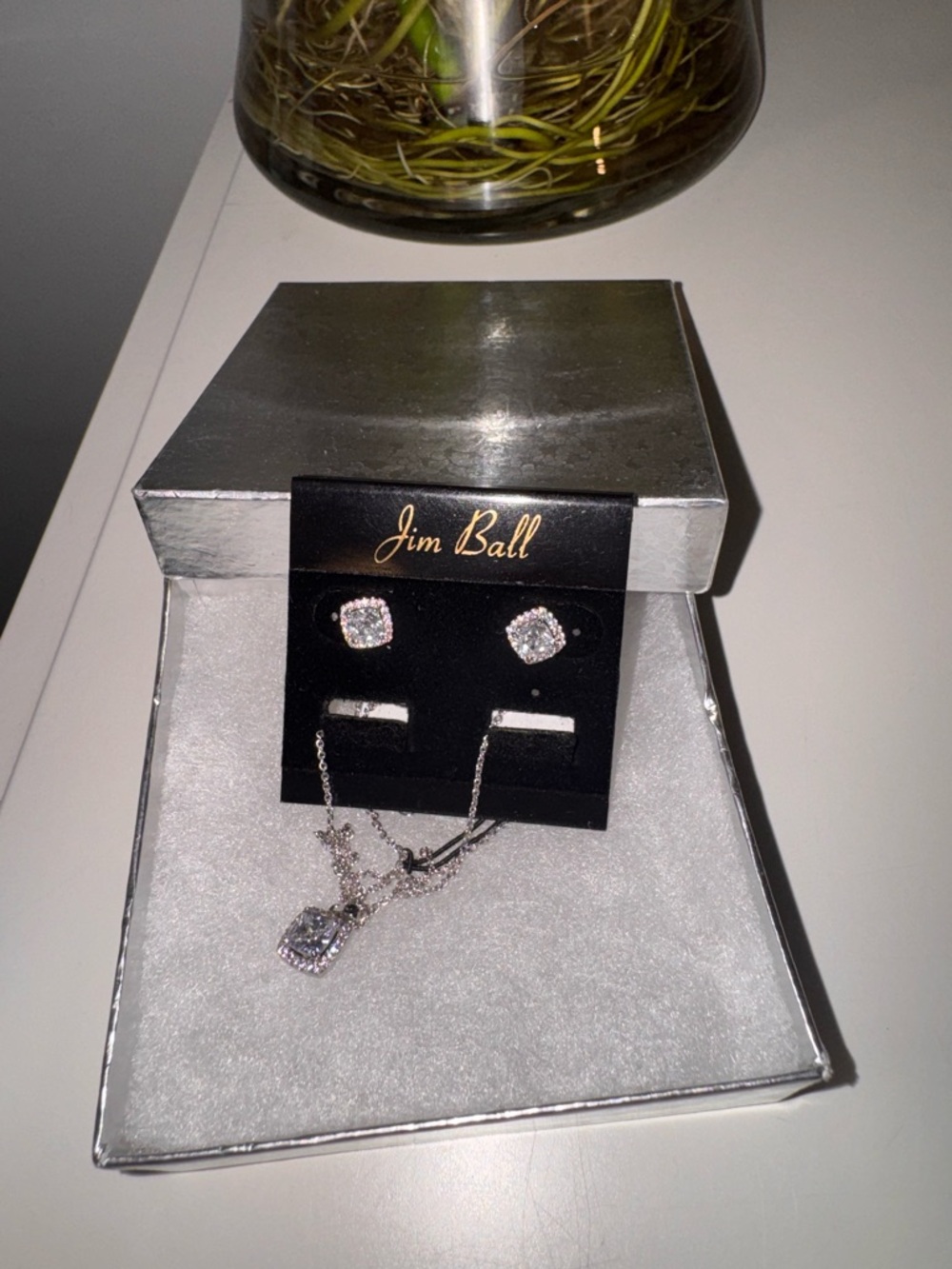 5/10$ Silver Cubic Zirconia Necklace & Stud Earring Set - White